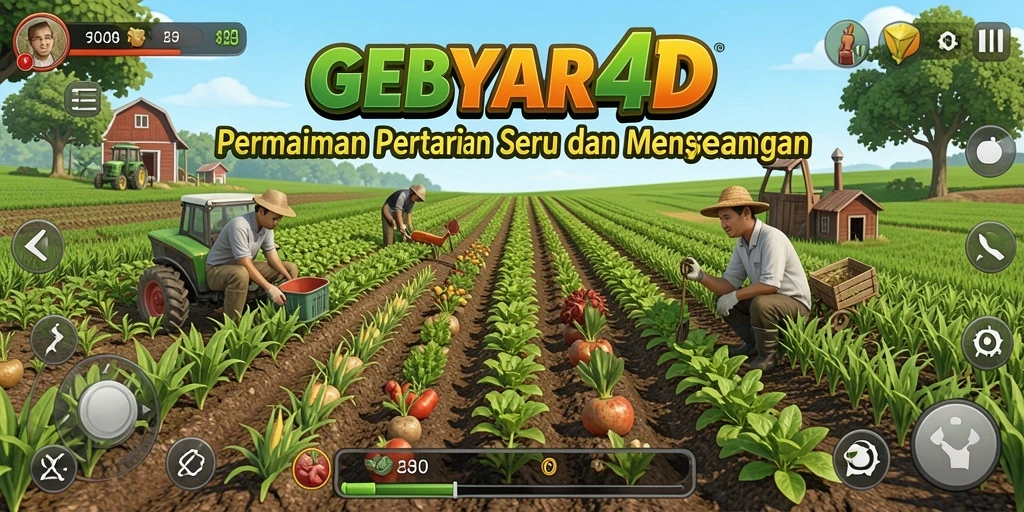 Tampilan gameplay GEBYAR4D dengan lahan pertanian yang subur dan hewan ternak.