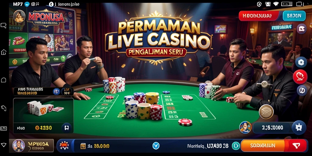 Screenshot gameplay MPONUSA menampilkan dealer dan permainan Live Casino.