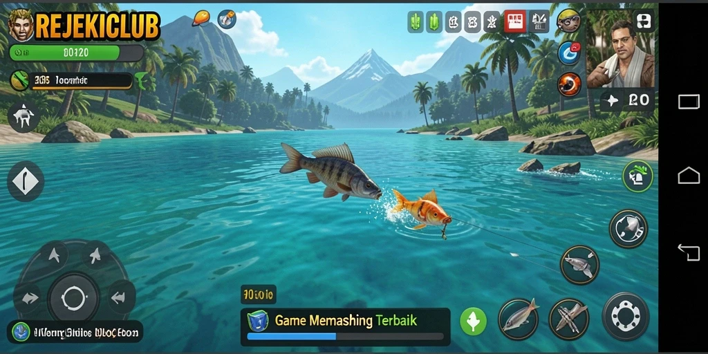 Tangkapan layar gameplay REJEKICLUB yang menunjukkan aksi memancing seru.