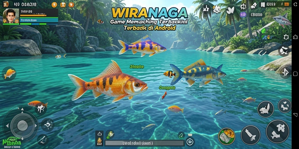 Tampilan gameplay WIRANAGA saat menangkap ikan di danau.